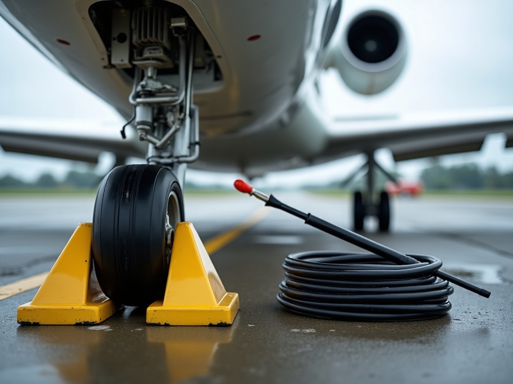 Wheel chocks, ground power cable and marshalling wand on the apron beside a parked business jet at a tropical airport
