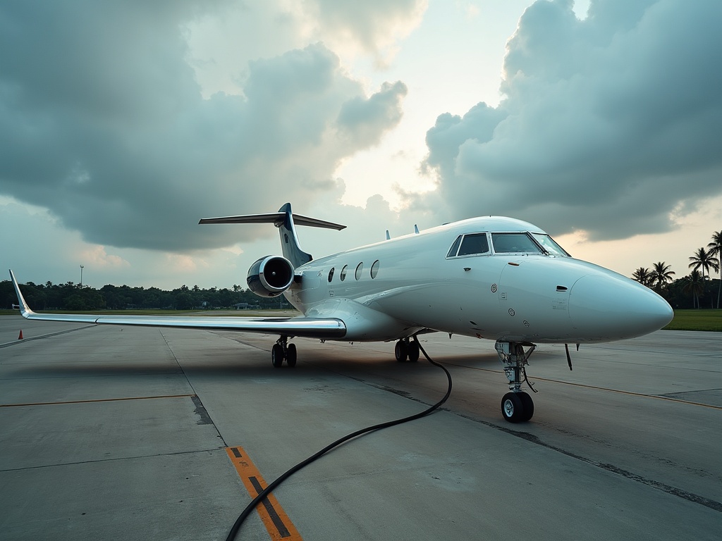 Refuelling bowser and fuel hose beside a business jet wing on a tropical airport apron under a building monsoon sky