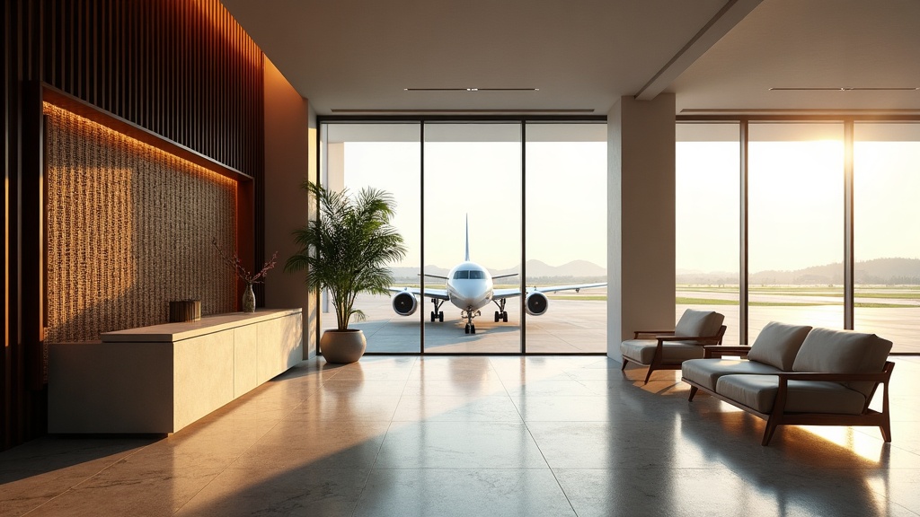 Empty general aviation terminal lounge with timber and rattan interior looking out to an unmarked business jet on the apron