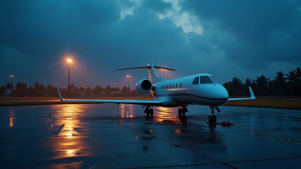 Business jet parked on a floodlit general aviation apron at dusk in tropical Indonesia, wet tarmac reflecting stand guidance markings