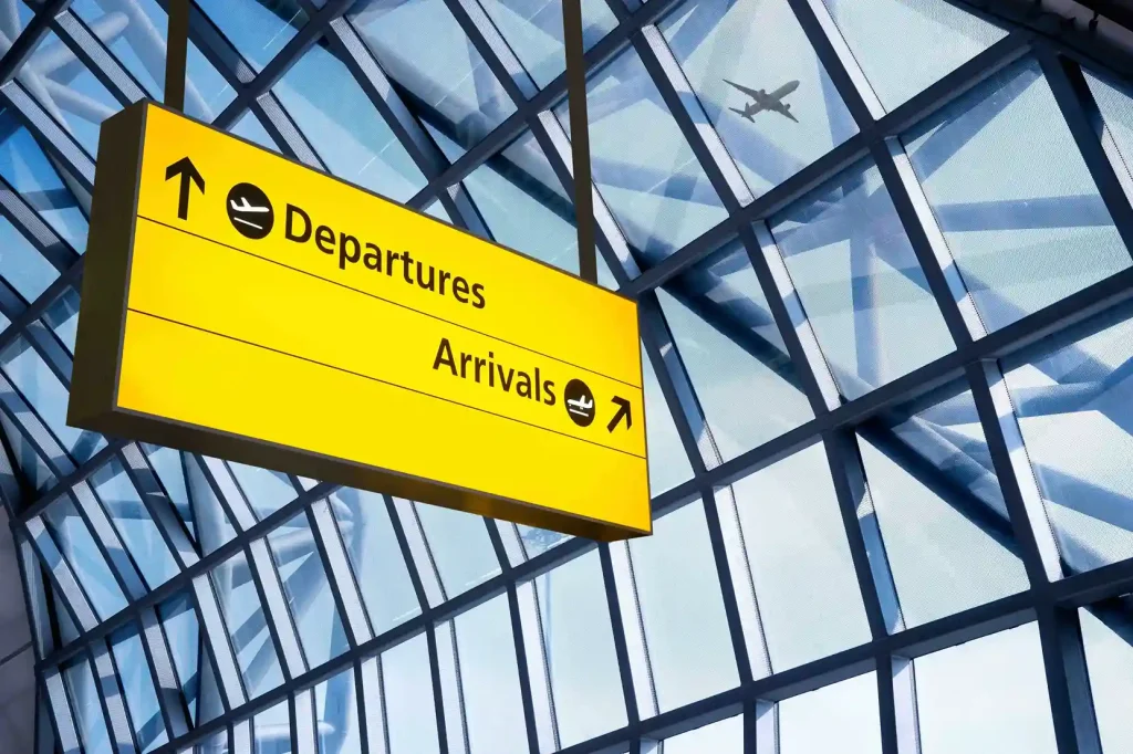 Airport terminal departures and arrivals signage