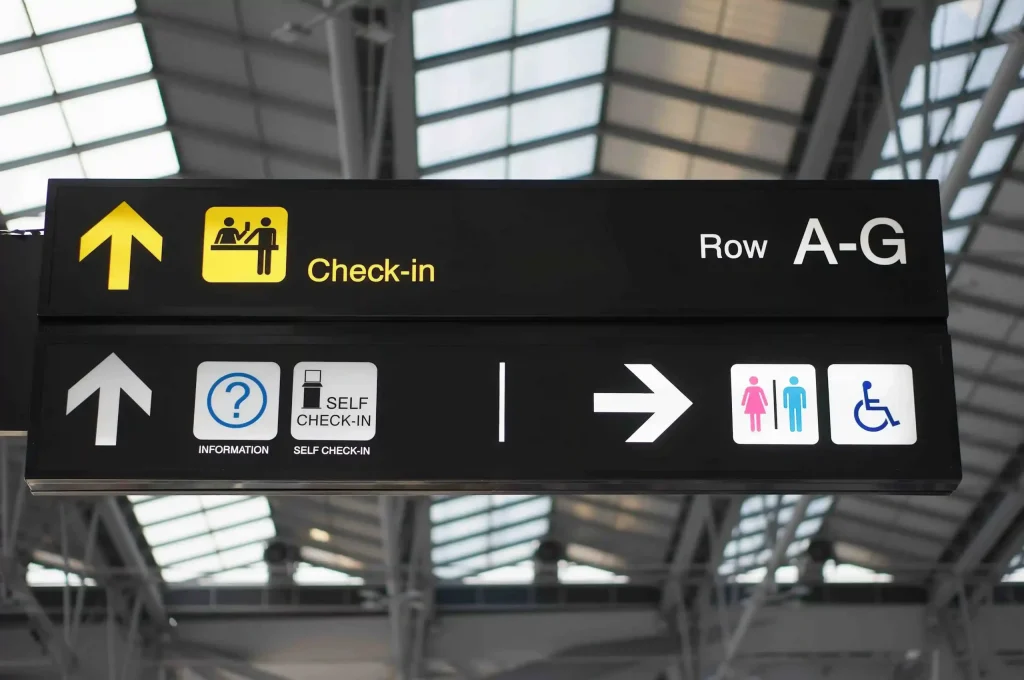 Airport terminal check-in row signage